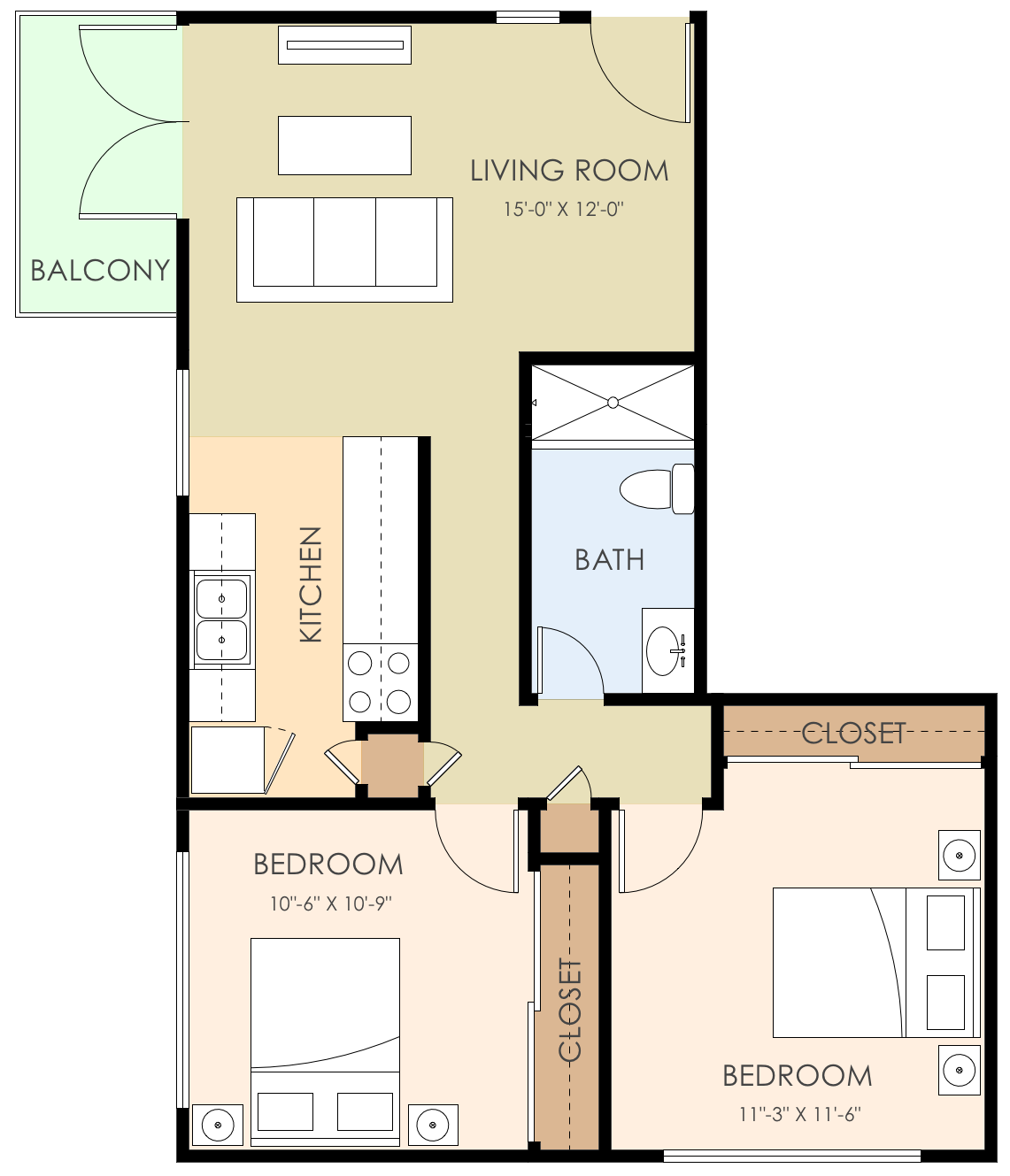 Floor plan for 2 beds, 1 bath, 750 sqft